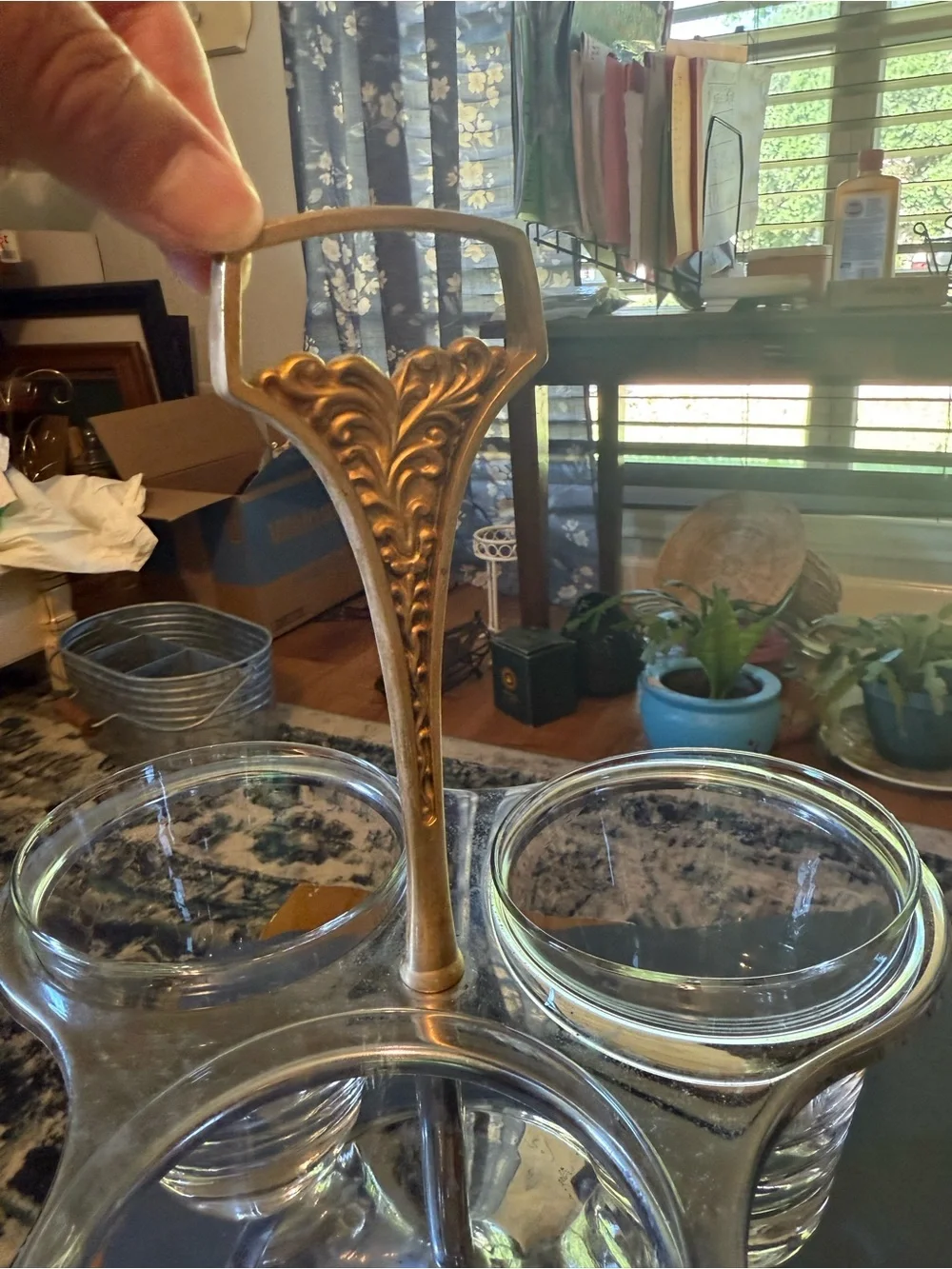 Vintage - MCM Kromex Glass Condiment Server - Gold Handle - chrome Stand